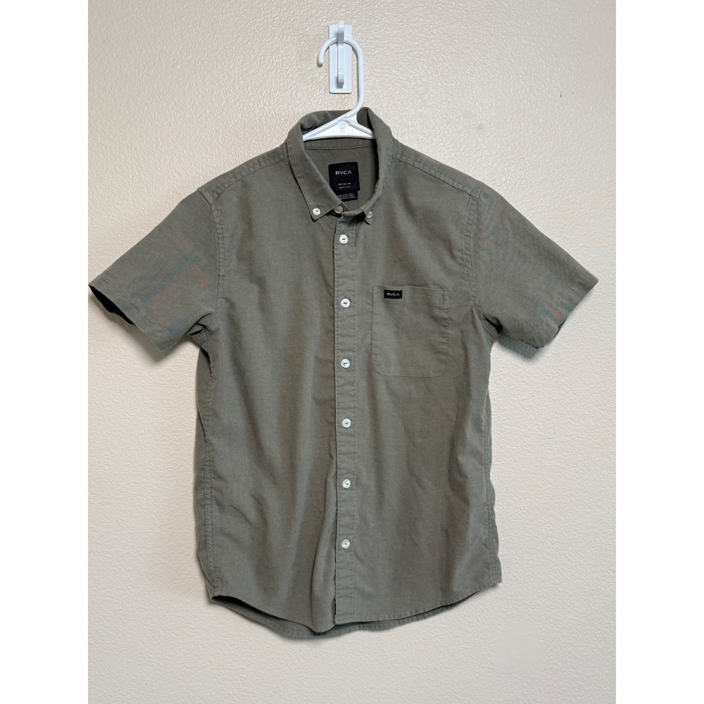 RVCA Boys Short Sleeve Button Down Shirt Olive Green Size Medium M Pocket Logo